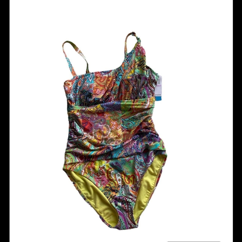 NWT Blue Rod Beattie Multicolor Paisley one shoulder one piece swim Sz 6